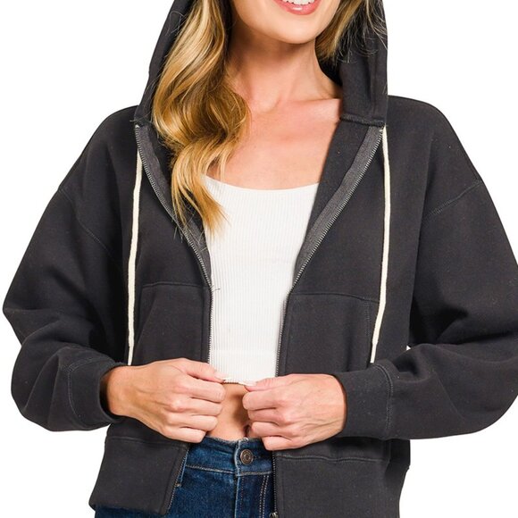Zenana Fleece Cropped Zip-up Hoodie with Pockets - Picture 1 of 2